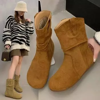 Осенние замшевые туфли на плоской подошве для женщин, плиссированные модные однотонные туфли с круглым носком, женские туфли для вечеринок, сапоги до середины голени Botas Mujer 35
