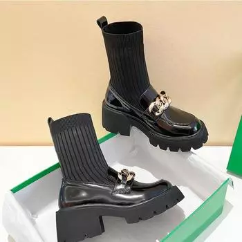 Осенние женские эластичные сапоги Scok, модные элегантные туфли с металлическими украшениями, толстые каблуки, женские короткие сапоги в британском стиле 35 чёрный