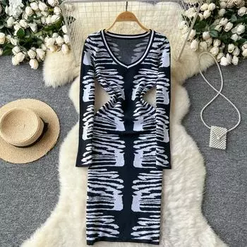 Осенние женские элегантные V-образные вырезы с леопардовым принтом вязаные свитера облегающие облегающие платья-пуловеры One Size чёрный