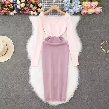 Осенние женские элегантные вязаные свитера с круглым вырезом для офиса, облегающие платья-футляры One Size розовый