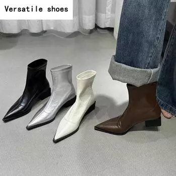 Осенние женские ботильоны, модные туфли с острым носком, женские короткие ботинки на квадратном низком каблуке, повседневная зимняя женская обувь 35