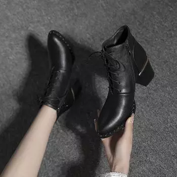 Осенние женские ботильоны на толстом каблуке, модные туфли на молнии с острым носком и каблуком для женщин, туфли-платья плюс, бархатные женские сапоги 35