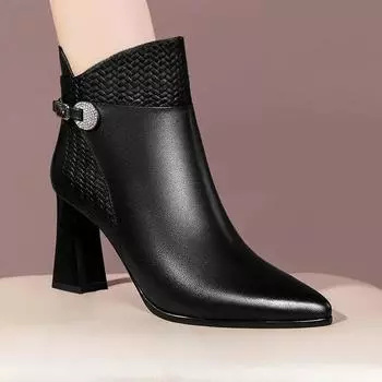 Осенние женские ботильоны на высоком каблуке Новые остроносые ботинки на толстом каблуке для женщин Туфли на каблуке Женская обувь на молнии Zapatos 35