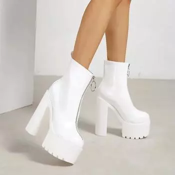 Осенние женские ботильоны на высоком каблуке в стиле Ins 2024 года, новые модные ботильоны из искусственной кожи с застежкой-молнией, однотонные, на толстой подошве, Botas Mujer 35 чёрный