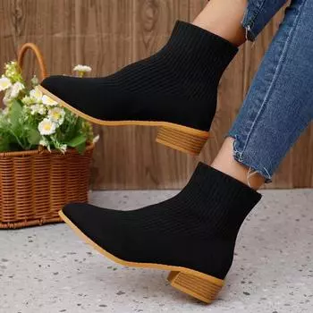 Осенние женские ботильоны с острым носком и толстым каблуком, новые туфли на каблуке для женщин, повседневные сапоги для улицы, эластичные сапоги для платья 36