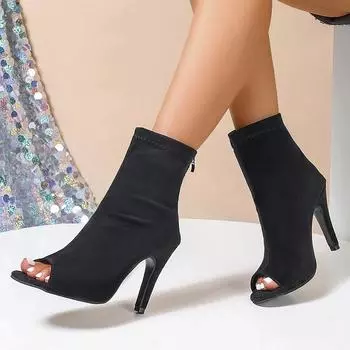 Осенние женские ботильоны с открытым носком, модные элегантные туфли из эластичной ткани, женские короткие ботильоны с застежкой-молнией на высоком каблуке 35