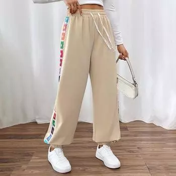 Осенние женские брюки свободного кроя с цветными полосками S абрикосовый