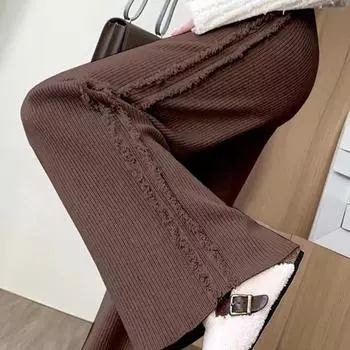 Осенние женские брюки, трикотажные, с бахромой по бокам, с высокой талией, свободные, облегающие, удобные, однотонные, женские, широкие, прямые брюки One size хаки