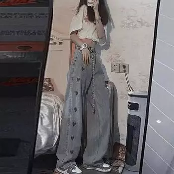 Осенние женские джинсы с вышивкой Love, прямые, свободные, универсальные, с высокой талией, узкие, широкие длинные брюки для модных женщин S синий