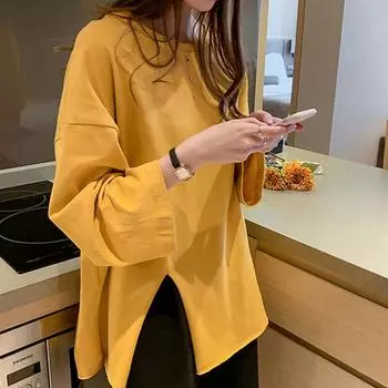 Осенние женские футболки Harajuku solid goth с длинным рукавом и круглым вырезом, с боковыми разрезами, повседневные футболки большого размера, женские желтые топы Y2k Streetwear XXL