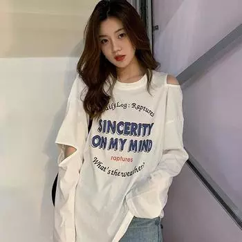 Осенние женские футболки с буквенным принтом Harajuku с длинным рукавом и круглым вырезом, повседневные футболки большого размера, женские белые топы Y2k Streetwear L