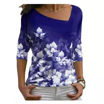 Осенние женские футболки с цветочным принтом 3D с длинным рукавом, модные свободные нерегулярные диагональные воротники, женская одежда, рубашка Harajuku, топ 4XL