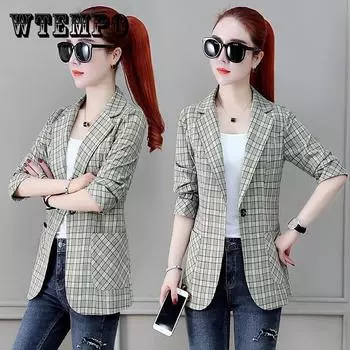 Осенние женские клетчатые пиджаки и куртки для офиса, женский костюм, тонкий однобортный деловой женский пиджак, пальто, женская повседневная куртка S