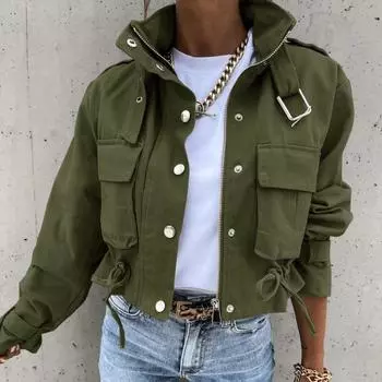 Осенние женские куртки, топы, винтажная куртка на пуговицах с длинными рукавами, женская верхняя одежда, короткие топы S зелёный