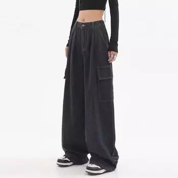 Осенние женские мешковатые черные джинсы в стиле Харадзюку, уличная одежда, повседневные широкие брюки в стиле хип-хоп, винтажные брюки Demin, свободные брюки Y2k S чёрный