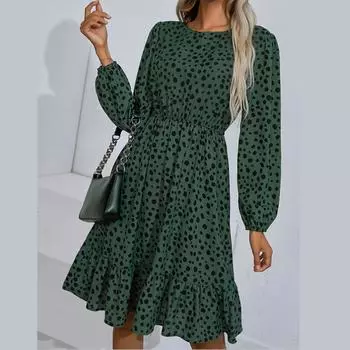 Осенние женские мини-платья, повседневное, с длинными рукавами, с тонкими точками, с эластичной резинкой на талии и круглым вырезом, женское пляжное вечернее платье в стиле бохе, зеленое Vestidos XL