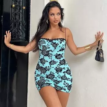 Осенние женские модные облегающие платья с открытой спиной и принтом в стиле ретро с сумкой-хип S синий