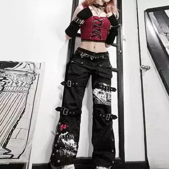 Осенние женские модные отличительные уличные прямые брюки с карманами и разрезами, повседневные джинсовые брюки с принтом XL чёрный