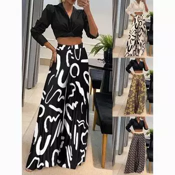 Осенние женские модные широкие брюки с принтом XXXL чёрный