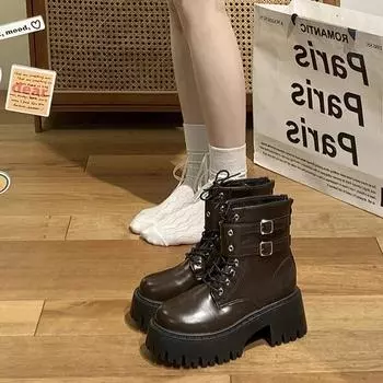 Осенние женские мотоциклетные ботинки, модные короткие ботильоны на шнуровке, осенне-зимние женские туфли на платформе и каблуке 35