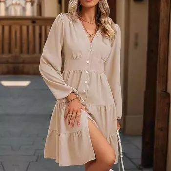 Осенние женские однотонные платья с высокой талией, облегающие, шикарные, удобные и универсальные, темпераментные, элегантные, повседневные, женская одежда, нежное женское платье S абрикосовый