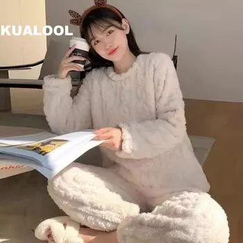 Осенние женские однотонные теплые комплекты из 2 предметов, утепленный бархатный флисовый комплект в рубчик, пуловер и брюки, женские повседневные пижамные комплекты One Size дубильная кора