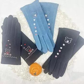 Осенние женские перчатки с милым медведем, вышитые немецкие бархатные перчатки для верховой езды, термоизоляционные перчатки для сенсорных экранов озеро синий