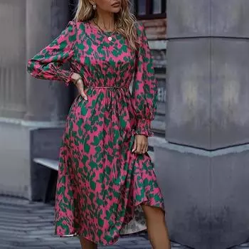 Осенние женские платья макси, повседневное, с длинным рукавом, тонкое, с цветочным принтом, с эластичной резинкой на талии и круглым вырезом, женское длинное платье в стиле Bohe для пляжной вечеринки, Vestidos S