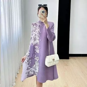 Осенние женские платья, новые модные принты высокого класса, складки, свободный темперамент и длинные юбки, уменьшающие возраст. One Size синий