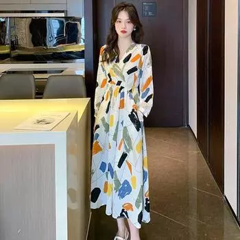 Осенние женские платья с длинным принтом во французском стиле, шифоновое богемное платье с v-образным вырезом, эластичная талия S