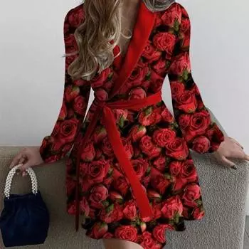 Осенние женские платья с длинным рукавом и цветочным принтом в виде роз S розовый
