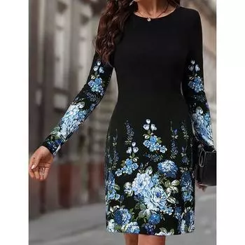 Осенние женские платья с круглым вырезом и длинными рукавами с принтом, облегающие, как обычно S