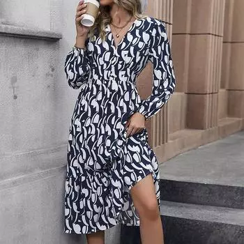 Осенние женские платья с V-образным вырезом и нестандартным принтом, шикарные, удобные и универсальные, темпераментные, элегантные, повседневные, женская одежда, нежное женское платье S синий