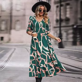Осенние женские платья с V-образным вырезом и принтом, шикарные, удобные и универсальные, темпераментные, элегантные, повседневные, женская одежда, нежное женское платье S зелёный