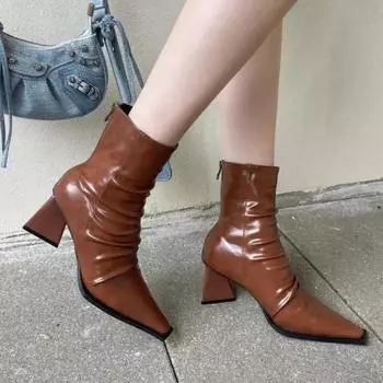Осенние женские плиссированные ботильоны, модные женские короткие ботинки с острым носком, повседневные ботинки на толстом среднем каблуке, женская обувь 2024 года 35