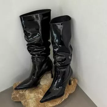 Осенние женские плиссированные сапоги с острым носком, модные сапоги на тонком каблуке, сапоги выше колена на высоком каблуке Zapatos 35