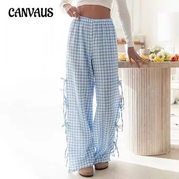 Осенние женские повседневные брюки с эластичным поясом и клетчатым принтом, на шнуровке, с завязками S синий