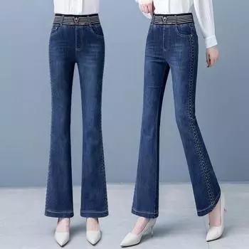 Осенние женские повседневные джинсы с эластичной резинкой на талии 34 чёрный