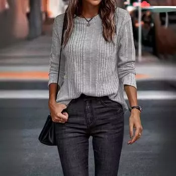 Осенние женские повседневные однотонные теплые футболки с длинными рукавами женские S серый