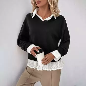 Осенние женские повседневные топы с лацканами, лоскутное шитье, длинный рукав, пуловер, свитшот S чёрный