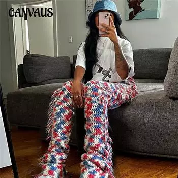 Осенние женские повседневные вязаные брюки с кисточками и кисточками, тонкие уличные расклешенные повседневные брюки S красный