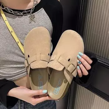 Осенние женские пробковые сабо на плоской подошве, модные замшевые шлепанцы на платформе с закрытым носком для женщин, уличные повседневные шлепанцы, Zapatos 35 бежевый