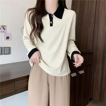 Осенние женские разноцветные футболки Harajuku Длинные рукава Поло Толстовки с капюшоном Лоскутная повседневная футболка большого размера Y2k Топы Уличная одежда M