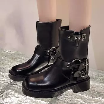 Осенние женские ретро-сапоги на толстой подошве, роскошные женские повседневные ковбойские сапоги, новые модные классические сапоги, женские кожаные туфли с пряжкой 35
