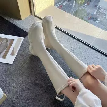 Осенние женские резиновые сапоги Женская обувь Женская зимняя обувь Ботинки на низком каблуке Ботинки с круглым носком Дождевые сапоги до середины икры Botas De Mujer 36 чёрный