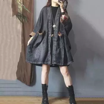 Осенние женские роскошные длинные куртки Женская мода Винтаж Свободные джинсовые плащи больших размеров Женские повседневные ветровки с v-образным вырезом в стиле панк XXL чёрный