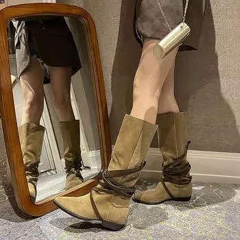 Осенние женские сапоги из коровьей замши - Высокие сапоги до колена Женская обувь Сапоги Длинные сапоги 34