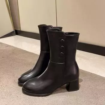 Осенние женские сапоги на высоком каблуке до середины голени с острым носком и толстым каблуком женские ковбойские сапоги для улицы женские брюки сапоги 35 чёрный