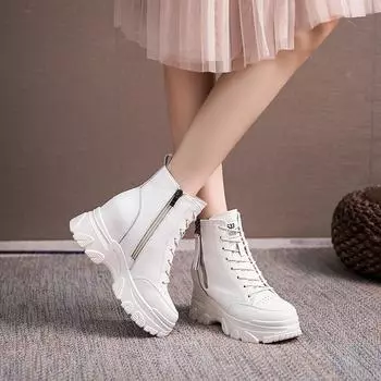 Осенние женские сапоги, увеличенные на 8 см, женская обувь, осенние кожаные сапоги в британском стиле, повседневная обувь на толстой подошве, мотоциклетные сапоги 34 бежевый