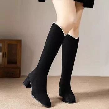 Осенние женские сапоги выше колена на толстом каблуке Новые сапоги на высоком каблуке для женщин Туфли на каблуке Женские сапоги для вечеринок 35